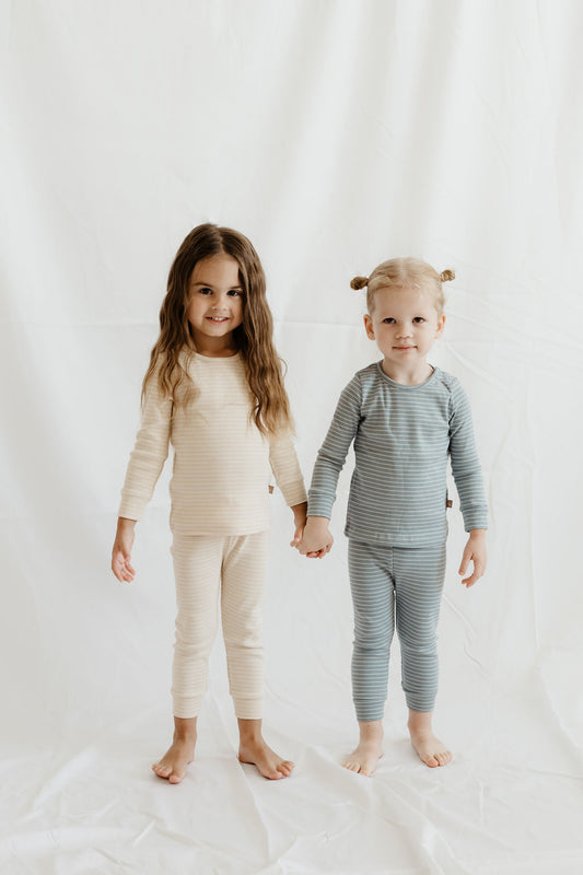 Rib pyjama unisex stripes sand/off white