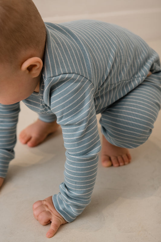 Rib pyjama unisex stripes silver blue/iced latte