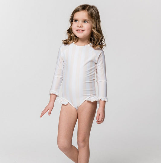 Swimsuit Long Sleeve Volants Stripes Iced Latte