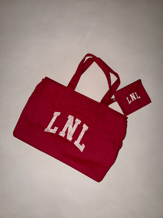LNL oversized shopper zipper and cosmetic bag crimson